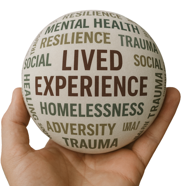 A hand holding a ball printed with the words Lived Experience, surrounded by words such as resilience, mental health, trauma, healing and homelessness